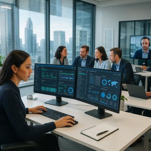 The image depicts a bustling modern office environment filled with diverse professionals engaged in various activities In the foreground a focused woman is seated at a sleek desk adorned with dual monitors displaying complex data analytics and IT man
